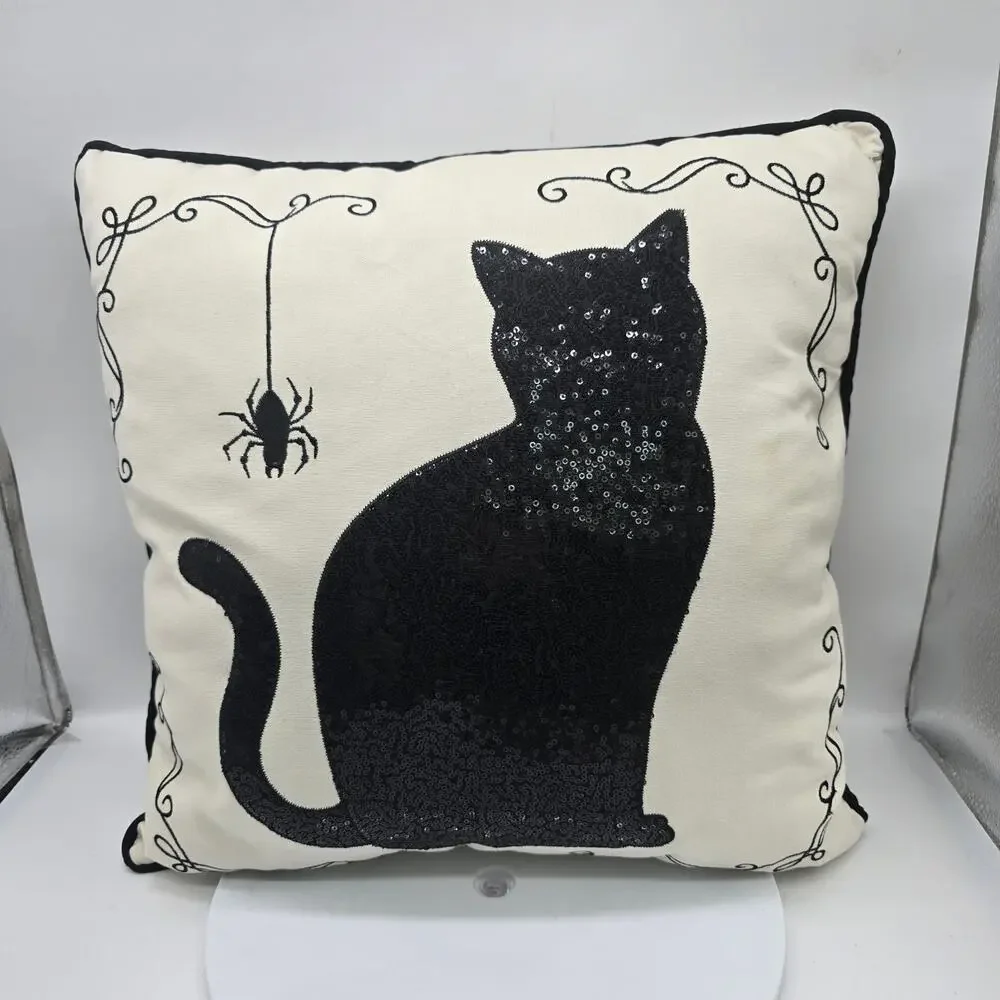 Black Cat & Spider Sequin Throw Pillow Halloween Décor Embroidered 15